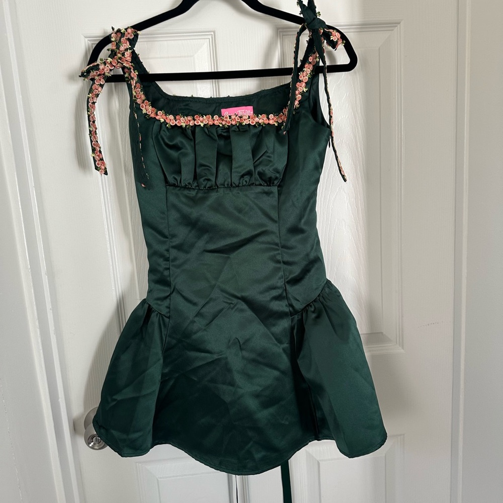 Dark Green Floral-Trim Satin Dress